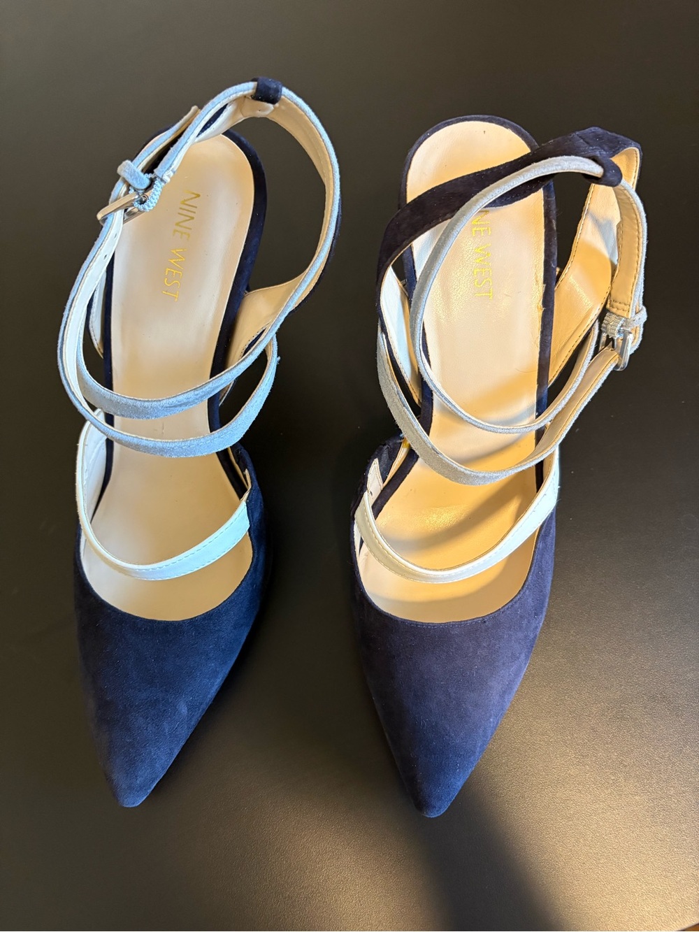 Nine West Navy Suede Pointed Toe Strappy Pumps with Light Blue Accents
